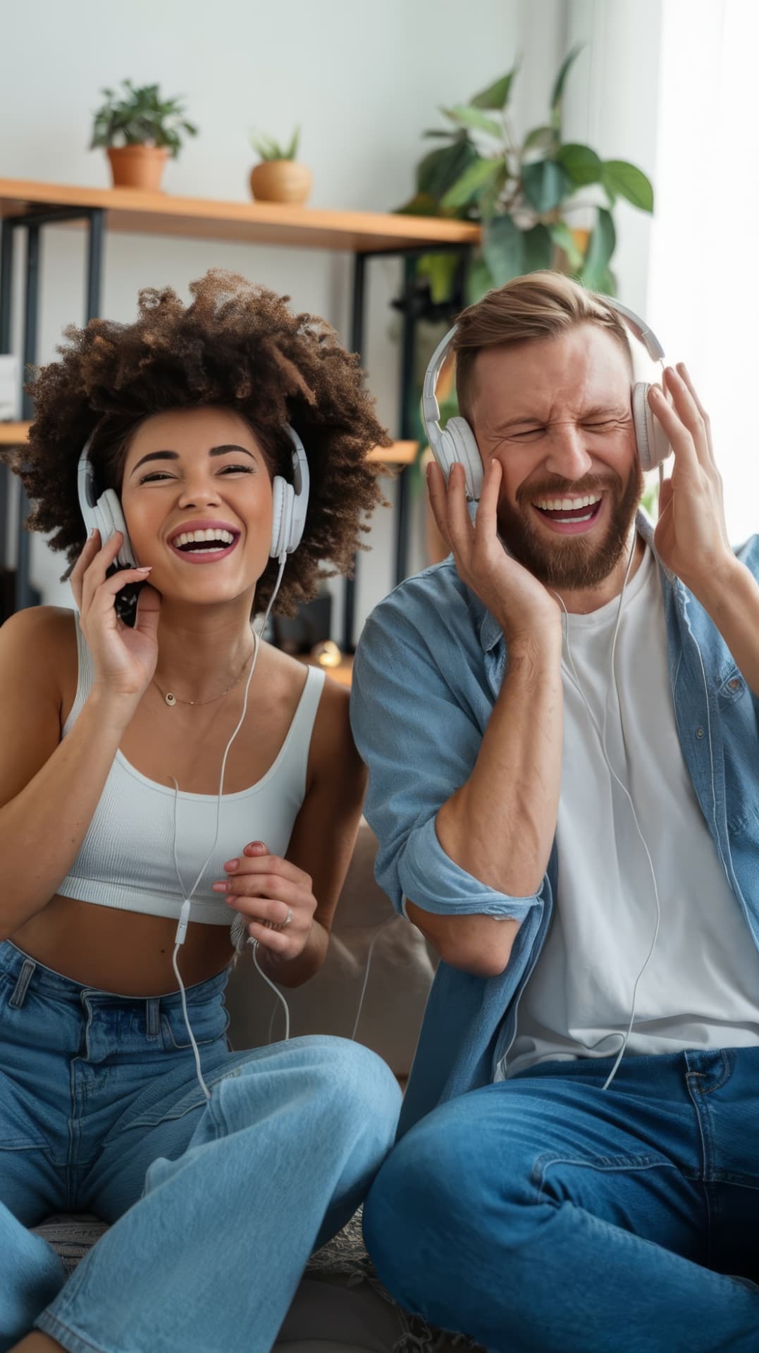 Casal sorrindo e ouvindo música juntos com fones de ouvido